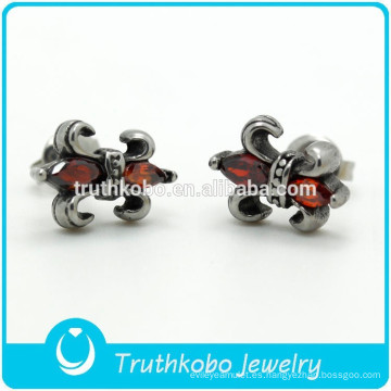 TKB-0085 High Polish Acero inoxidable Studs Pendientes Punk Cubic Zirconia caballero Fleur De Lis joyería